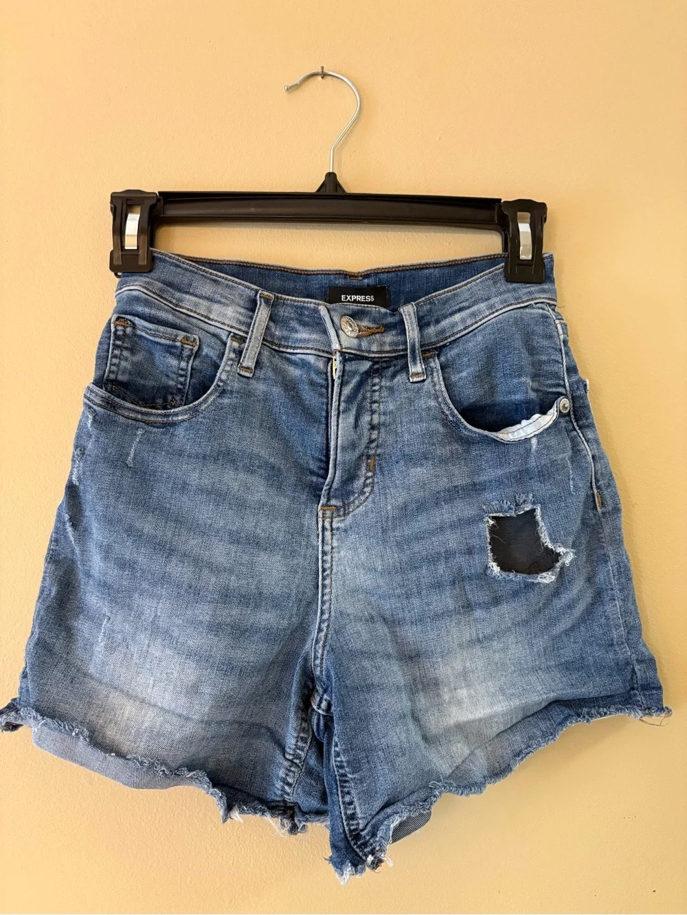 Express Faded Blue Distressed High-Rise Denim Shorts